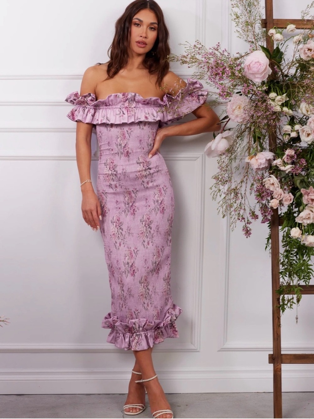 V. Chapman Lavender One-Shoulder Ruffle Floral Midi Dress